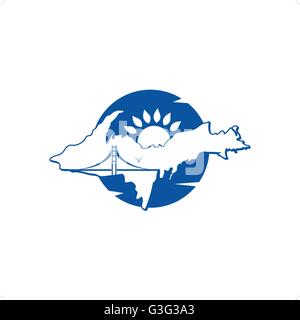 Travel destinations logo with mountains sky bridge bird and sun in the distance inside circle vector illustration isolated on wh Stock Vector