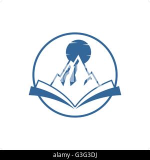 Climbing guide with moon and mountain on open book inside circle vector illustration isolated on white background. Stock Vector