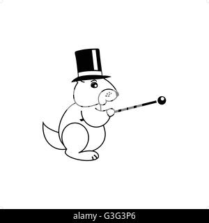 Cute line drawing Mr Groundhog with hat and stick vector illustration isolated on white background. Stock Vector