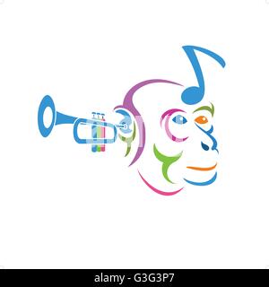 Beautiful cute and colorful musical monkey head vector illustration isolated on white background. Stock Vector