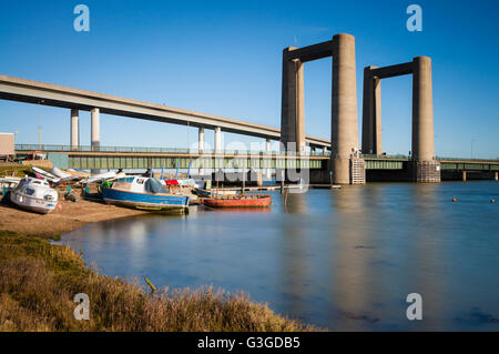 The Kingsferry Bridge and Sheppey Crossing bridge behind it, linking the Isle of Sheppey with mainland Kent. Stock Photo