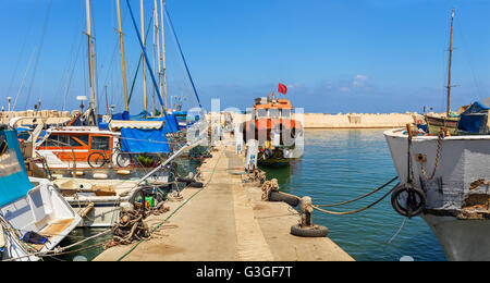 Fishing boats in old port of Jaffa, Israel (panorama).