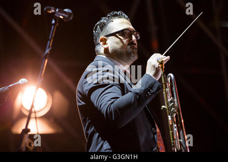 Turin, Italy. 23rd Apr, 2016. Roy Paci opens its first free evening concert in Piazza Castello, the fifth edition of the Turin Jazz Festival, this year dedicated to Gianmaria Testa, the recently deceased singer. © Elena Aquila/Pacific Press/Alamy Live News Stock Photo