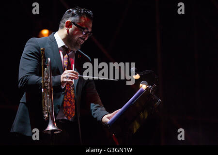 Turin, Italy. 23rd Apr, 2016. Roy Paci opens its first free evening concert in Piazza Castello, the fifth edition of the Turin Jazz Festival, this year dedicated to Gianmaria Testa, the recently deceased singer. © Elena Aquila/Pacific Press/Alamy Live News Stock Photo