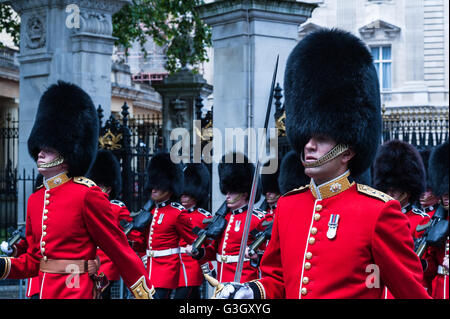 London, UK. 11th June 2016. The Foot Guards march by the Buckingham Palace during the annual Queen's Birthday Parade. Wiktor Szymanowicz/Alamy Live News Stock Photo