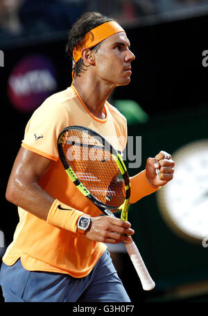 Rome, Italy. 11th May, 2016. Spain's Rafael Nadal reacts after winning a point against Germany's Philipp Kohlschreiber at the Italian Open tennis tournament. © Isabella Bonotto/Pacific Press/Alamy Live News Stock Photo