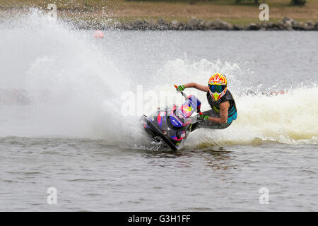Liverpool, Merseyside, UK 11th June, 2016. 11 year old Lucy Gadsby from Tarleton in Lancashire, riding a 800cc Yamaha wins Junior Ski Lite and Ladies Ski Lite rounds in the JSRA British Championships at Crosby Marina, Liverpool. Sport sensation Lucy, who only started jet ski racing a year ago, is currently leading the junior championship by winning here again today. Credit:  MediaWorldImages/Alamy Live News Stock Photo