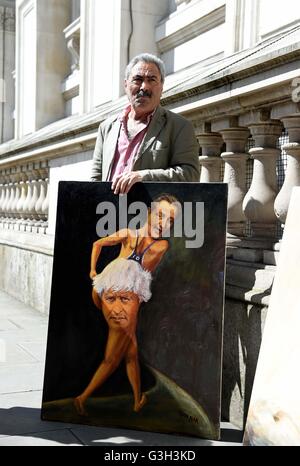 London, UK. 24th June, 2016. EU Referendum result day in London.  Satirical artist Kaya Mar with Brexit-themed artwork Credit:  Dorset Media Service/Alamy Live News Stock Photo