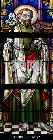 LIER, BELGIUM - MAY 16, 2015: Stained Glass window in St Gummarus Church in Lier, Belgium, depicting Saint Joseph Stock Photo