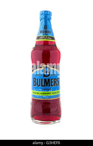 Bottle Of Bulmers Wild Blueberry and Lime Cider on a White Background, Bulmers owned by H. P. Bulmer Stock Photo