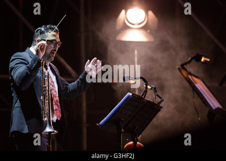 Turin, Italy. 23rd Apr, 2016. Roy Paci opens its first free evening concert in Piazza Castello, the fifth edition of the Turin Jazz Festival, this year dedicated to Gianmaria Testa, the recently deceased singer. © Elena Aquila/Pacific Press/Alamy Live News Stock Photo