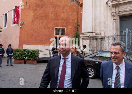 Roma, Italy. 18th Apr, 2016. The Italian Minister of the Interior, Angelino Alfano visits the community of Sant'Egidio, which is home to the Syrian refugee families received a few days ago by Pope Francis. © Emiliano Grillo/Pacific Press/Alamy Live News Stock Photo