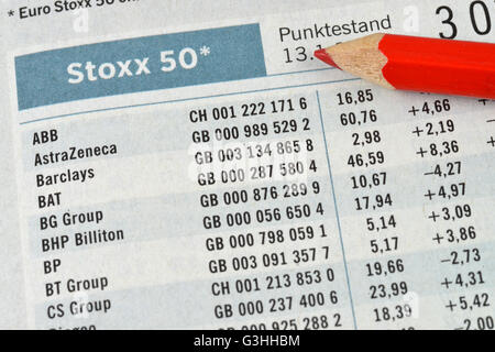 Zeitung, Boersenteil, Aktienmarkt, Euro Stoxx 50 Stock Photo