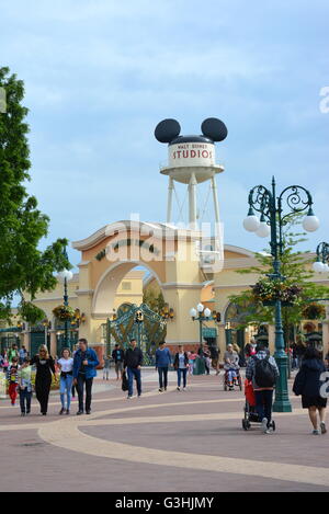 Crowds of people around the entrance to the Walt Disney Studios, Paris, France Stock Photo