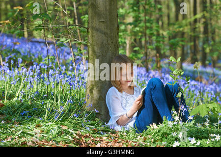 Girl leaning against tree sketching in bluebell forest, Hallerbos, Brussels, Belgium Stock Photo