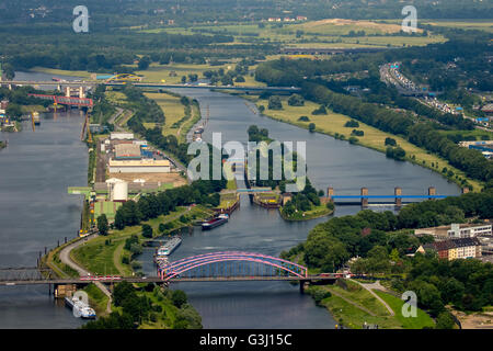 Aerial view, lock, Ruhr sluice and harbor channel Duisburg, Mayor instructional bridge, Ruhr, Duisburg, Ruhr region, Stock Photo
