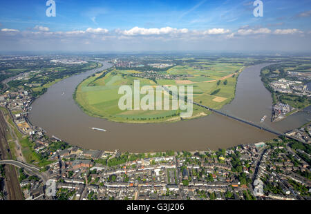 Aerial view, Rhine bridge between Krefeld-Uerdingen and Duisburg-Mündelheim, Rheinbogen, Rheindeich, flood protection, Stock Photo