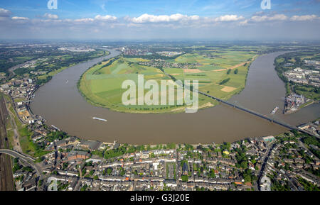 Aerial view, Rhine bridge between Krefeld-Uerdingen and Duisburg-Mündelheim, Rheinbogen, Rheindeich, flood protection, Stock Photo