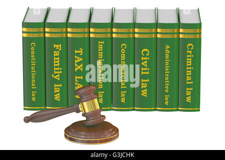 Wooden Gavel and Law Books, 3D rendering isolated on white background Stock Photo