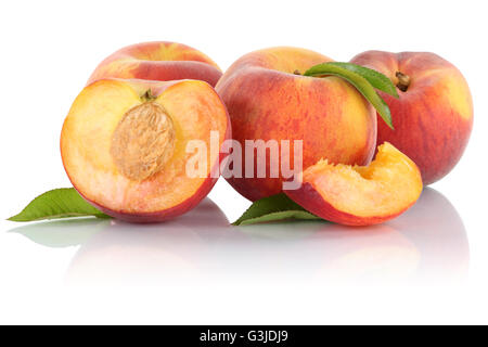 Peach peaches slice half fruit fruits isolated on a white background Stock Photo