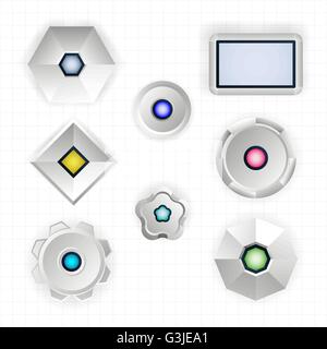 Set of abstract futuristic simple geometric shapes with colored lights. Gear, hexagon, circle, square. Vector illustration Stock Vector