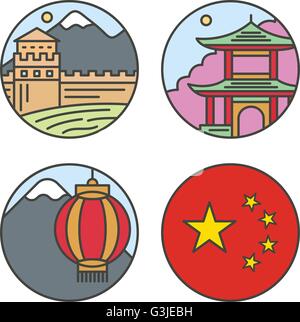 Country China travel vacation places in thin lines style design. Set architecture, nature background concept vector flat illustration Stock Vector