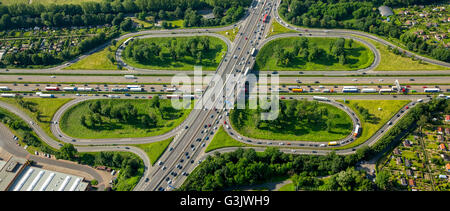 Aerial view, traffic congestion, traffic jam on the A59 and A40 motorway, Autobahnkruez Duisburg on Ruhrdeich, Duisburg, Stock Photo