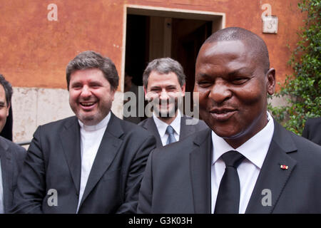 Roma, Italy. 18th Apr, 2016. President of the Central African Republic, Faustin-Archange Touadéra, come on a visit to Rome to thank Pope Francis for accepting Syrian refugees. It's the first official visit of Touadéra in Italy. The President chose to visit the Community of Sant'Egidio, where Pope Francis houses some of Syrian refugee families. © Emiliano Grillo/Pacific Press/Alamy Live News Stock Photo