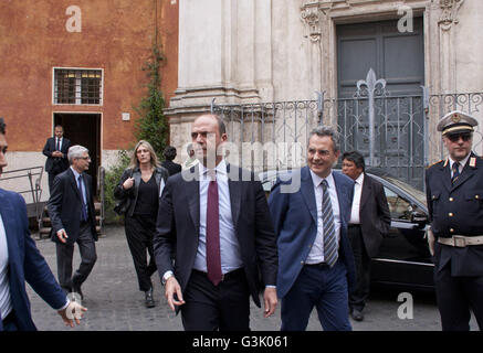 Roma, Italy. 18th Apr, 2016. The Italian Minister of the Interior, Angelino Alfano visits the community of Sant'Egidio, which is home to the Syrian refugee families received a few days ago by Pope Francis. © Emiliano Grillo/Pacific Press/Alamy Live News Stock Photo