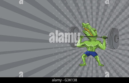 Business card showing illustration of Sobek also called Sebek, Sochet, Sobk, and Sobki an ancient Egyptian deity with head of crocodile and body of a man lifting a barbell viewed from front set on isolated white background done in caricature cartoon style Stock Photo