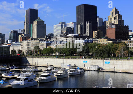 Old Port of Montreal with downtown skyline of Montreal in the background. Montreal, Quebec, Canada Stock Photo