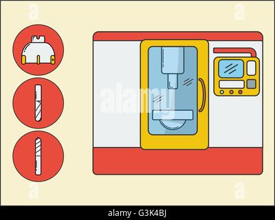 Metalworking cnc center with tools drawn in modern line styl Stock Vector