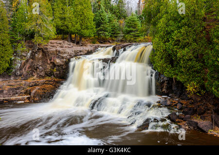 The upper falls of Gooseberry Falls State Park on the north shore of Minnesota. Stock Photo