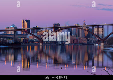 Saint Paul, Minnesota skyline at dusk with the Smith Ave High Bridge in the foreground. Stock Photo