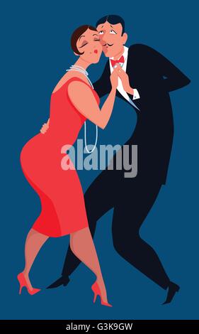 Funny cartoon couple dancing tango on a gramophone record, black and ...