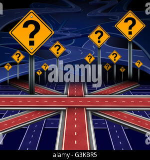 British European question as a brexit concept pertaining to the UK vote confusion and Euro zone and Europe membership decision as a group of roads shaped as the flag of Britain as a 3D illustration. Stock Photo