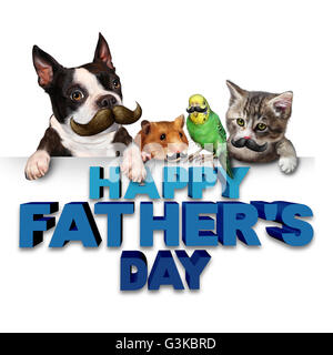 Fathers day greetings fun concept as a group of pets with mustaches or moustache symbols as a humorous celebration of dad and fatherhood parenting with 3D illustration eleements. Stock Photo