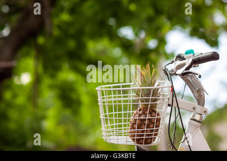 Pineapple in bike basket green blurred background bokeh Stock Photo