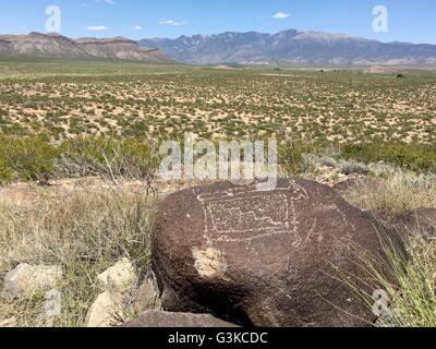 Native Americans (Jornada Mogollon people) carved petroglyphs on rocks at Three Rivers Petroglyph Site near Tularosa, New Mexico Stock Photo