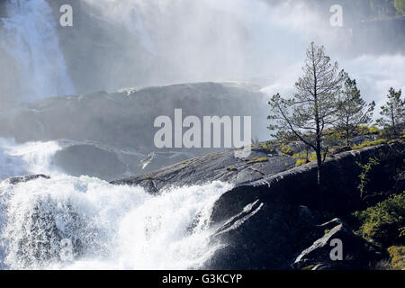 View on Langfossen Langfoss waterfall in summer, Etne, Norway Stock Photo