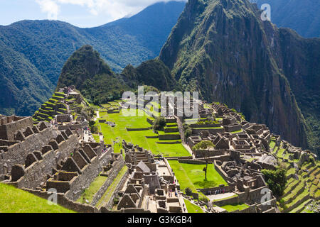 Overview of the Machu Picchu settlement in the Andes Mountains of Peru Stock Photo