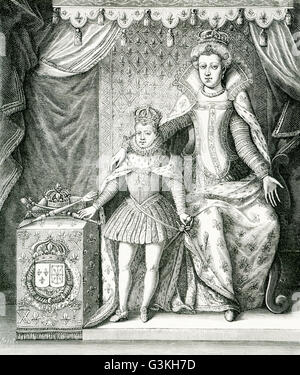 The caption for this engraving reads: Marie de Medicis, the regent and her son, Louis XIII of France. The image is based on a print that was signed: Nicolas de la Mathoniere executed this; F. Quesnel painted it. The date is 1610. Marie (1575-1642) was the second wife of Henri IV of France and thus queen of France. Henri was of the House of Bourbon. She was of the wealthy House of Medici in Italy. Her husband was assassinated in 1610 and she served as regent for her son until her son took power when he was 17 and she was exiled. Stock Photo