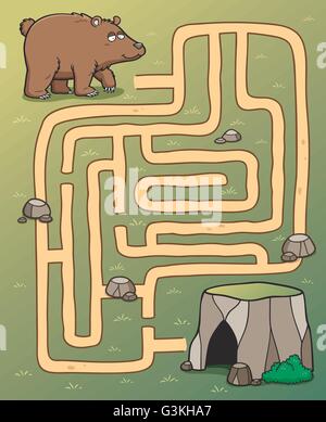 Vector Illustration of Education Maze Game bear to cave Stock Vector