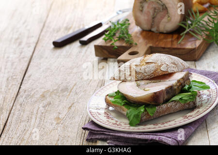 homemade porchetta panini, italian roast pork sandwich Stock Photo