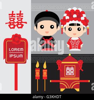 Illustration of cute couple in traditional chinese wedding costume Stock Vector