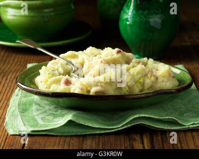 Leek and bacon mashed potato in bowl Stock Photo