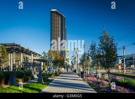 Walkway and modern skyscraper in downtown San Diego, California. Stock Photo