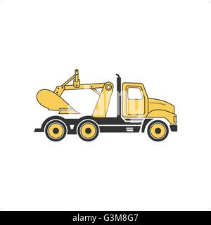 Line drawing yellow digging truck vector illustration isolated on white background. Stock Vector