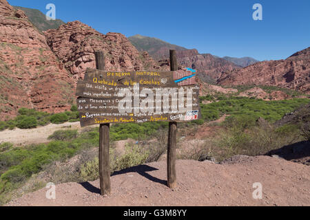 Sign for the rock formations of the Quebrada de las Conchas in Northwest Argentina.