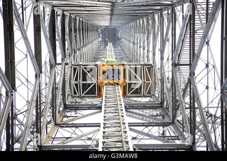 View up the inside of the elctricity pylon by the River Thames at West Thurrock. At 600 feet, the tallest pylon in the UK. Stock Photo